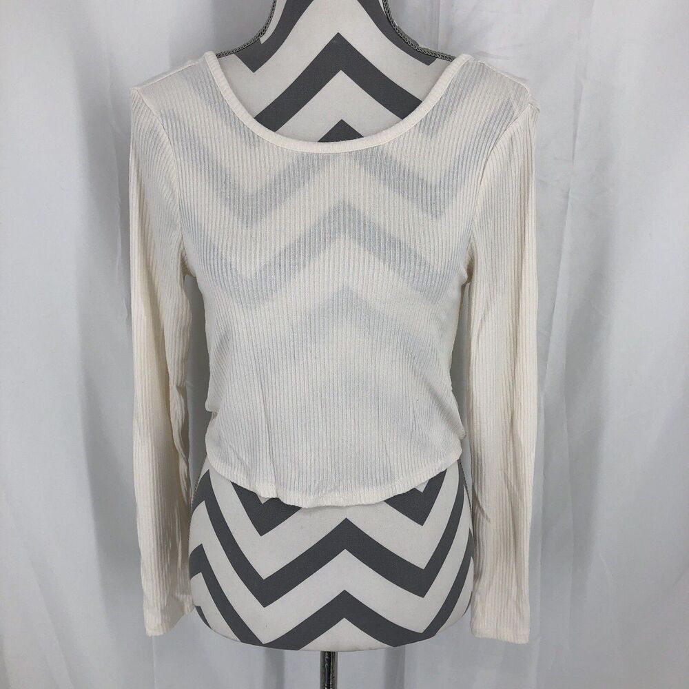 Pink Rose White Ribbed Long Sleeve Low Twist Back Crop Top Shirt Small